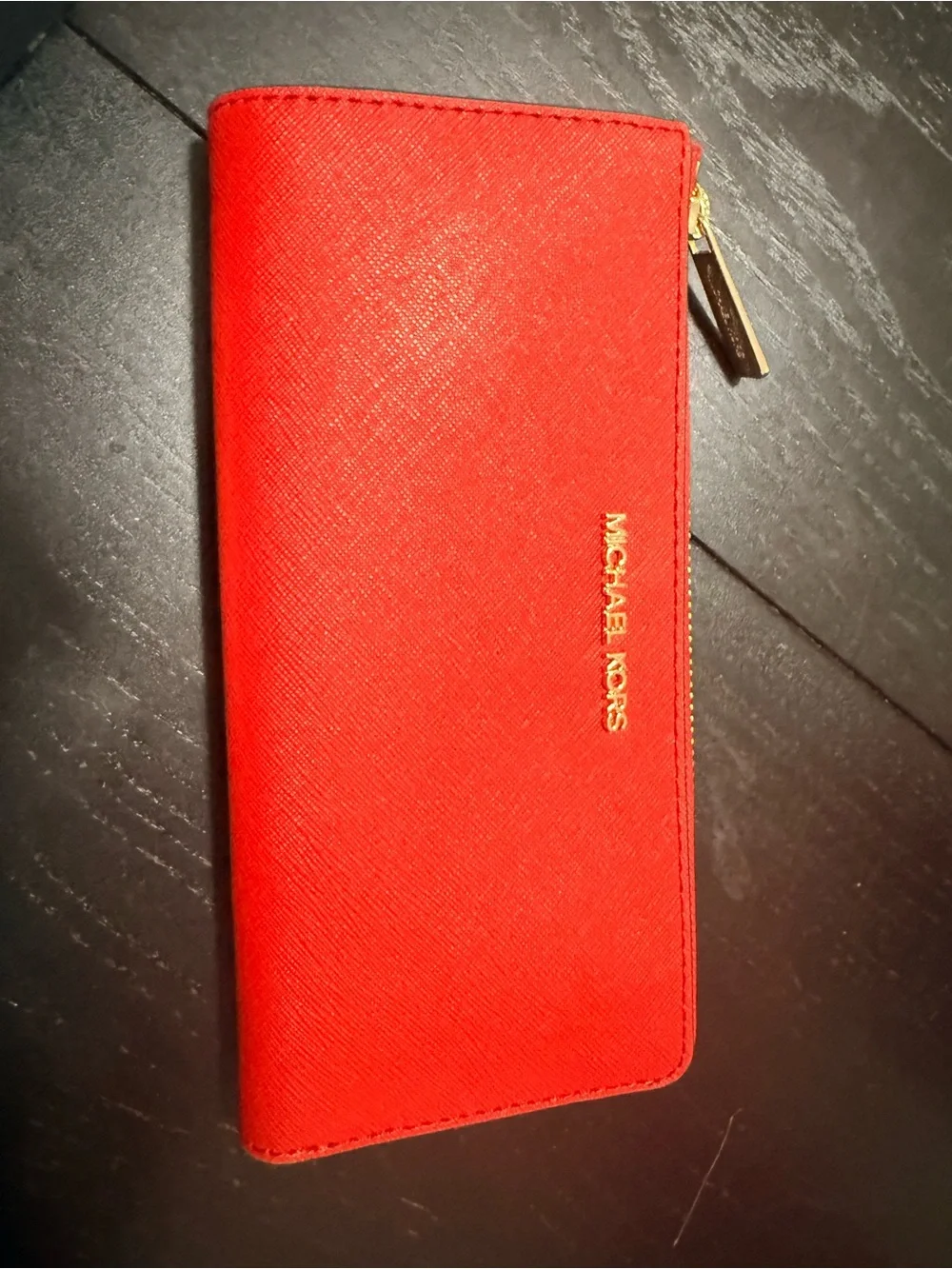 Michael Kors Bright Red Saffiano Zip Wallet with Gold Hardware